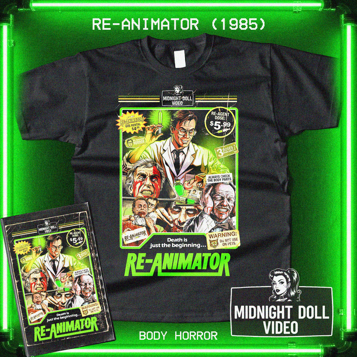 Re-Animator (1985) - "Herbert West's Reagent" VHS Tribute T-Shirt