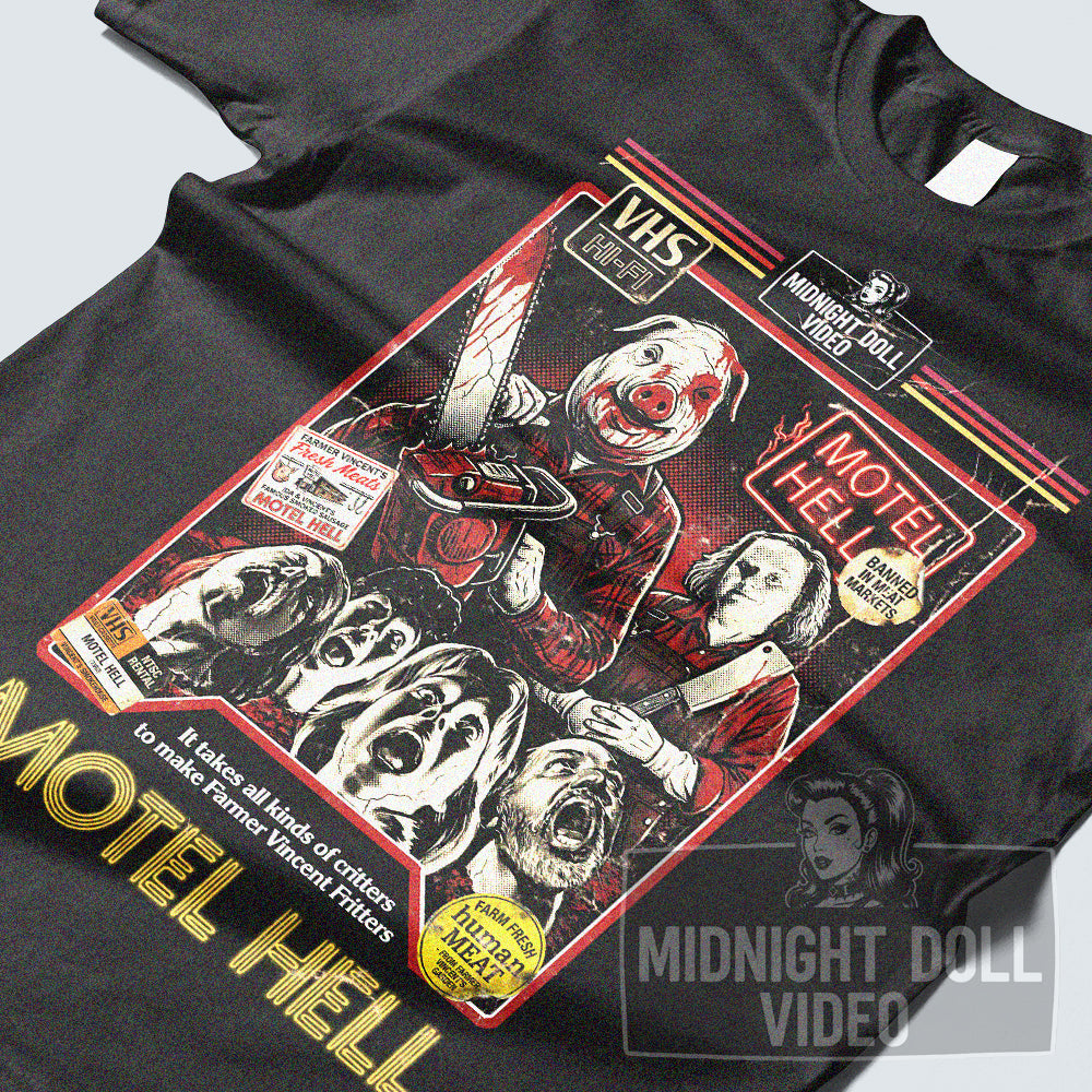 Motel Hell (1980) - Farmer Vincent's VHS Tribute T-Shirt