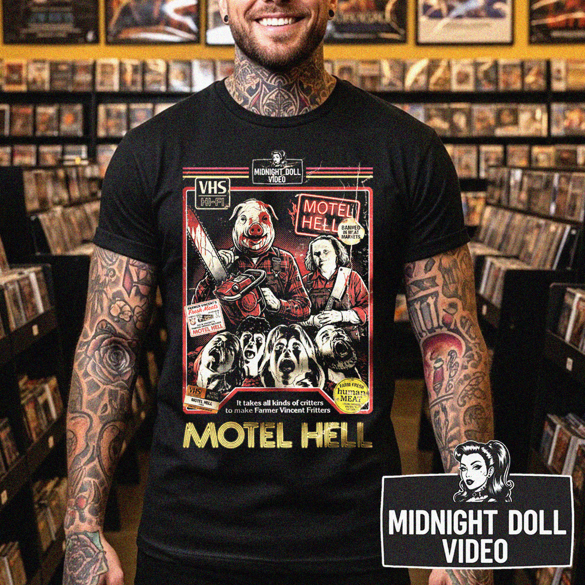 Motel Hell (1980) - Farmer Vincent's VHS Tribute T-Shirt
