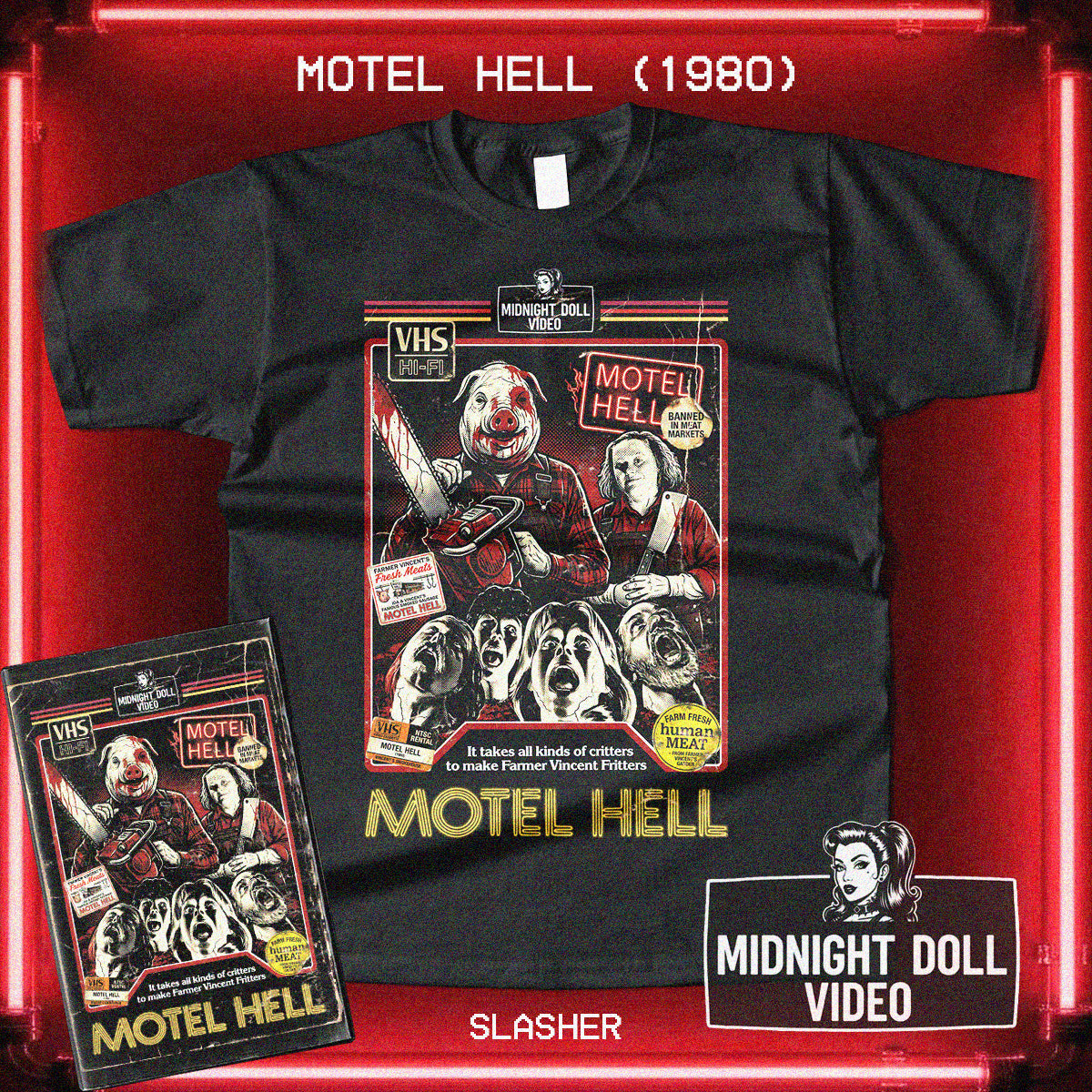 Motel Hell (1980) - Farmer Vincent's VHS Tribute T-Shirt