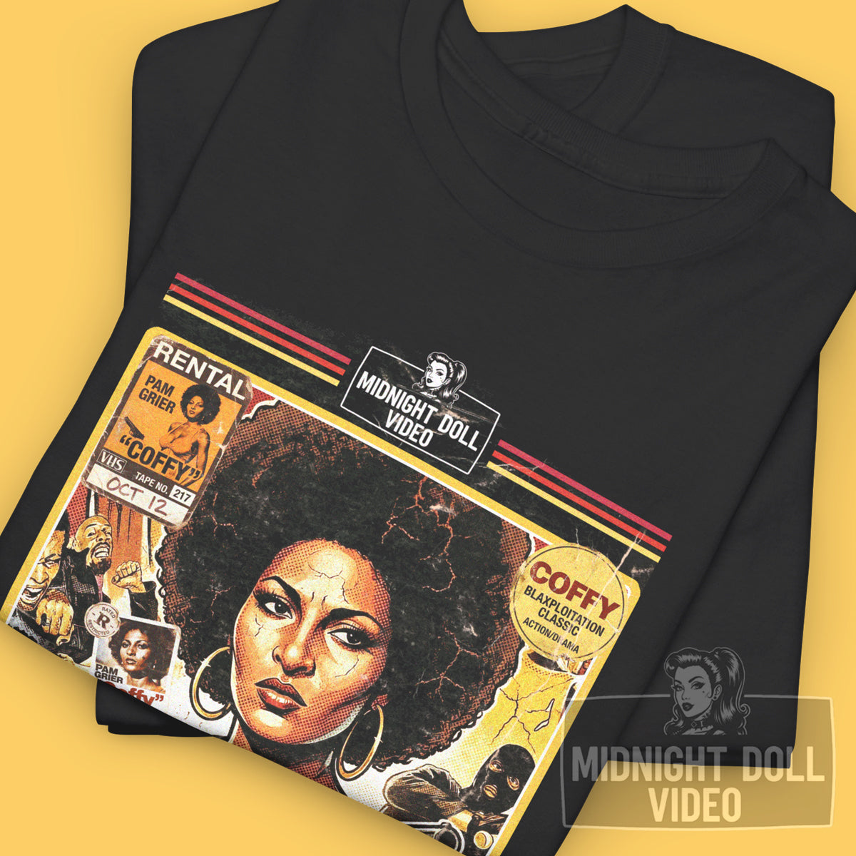 COFFY (1973) - "THE BADDEST ONE-CHICK HIT-SQUAD" VHS TRIBUTE T-SHIRT