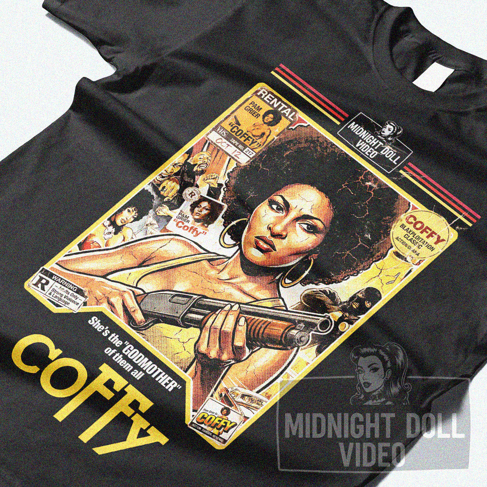 COFFY (1973) - "THE BADDEST ONE-CHICK HIT-SQUAD" VHS TRIBUTE T-SHIRT
