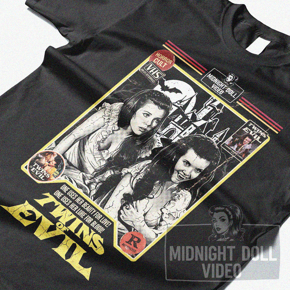 TWINS OF EVIL (1971) - "BEAUTY & BLOOD" VHS TRIBUTE T-SHIRT