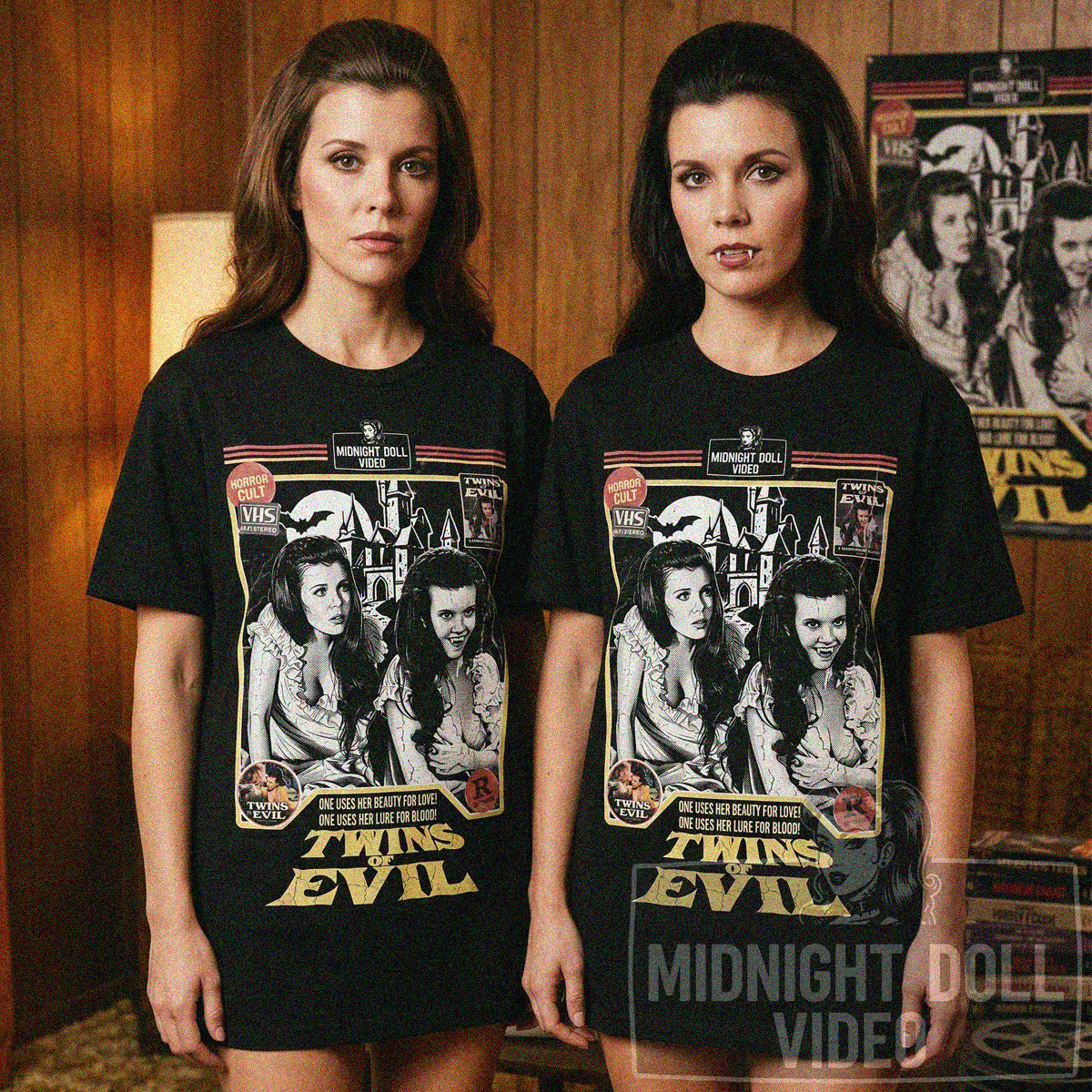 TWINS OF EVIL (1971) - "BEAUTY & BLOOD" VHS TRIBUTE T-SHIRT
