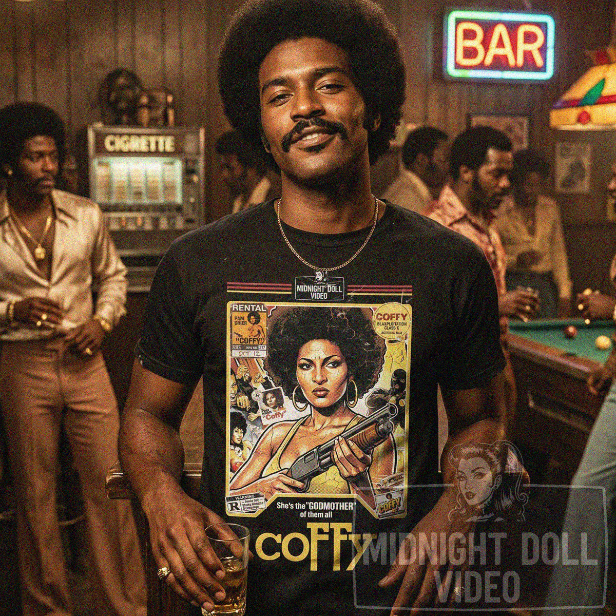 COFFY (1973) - "THE BADDEST ONE-CHICK HIT-SQUAD" VHS TRIBUTE T-SHIRT