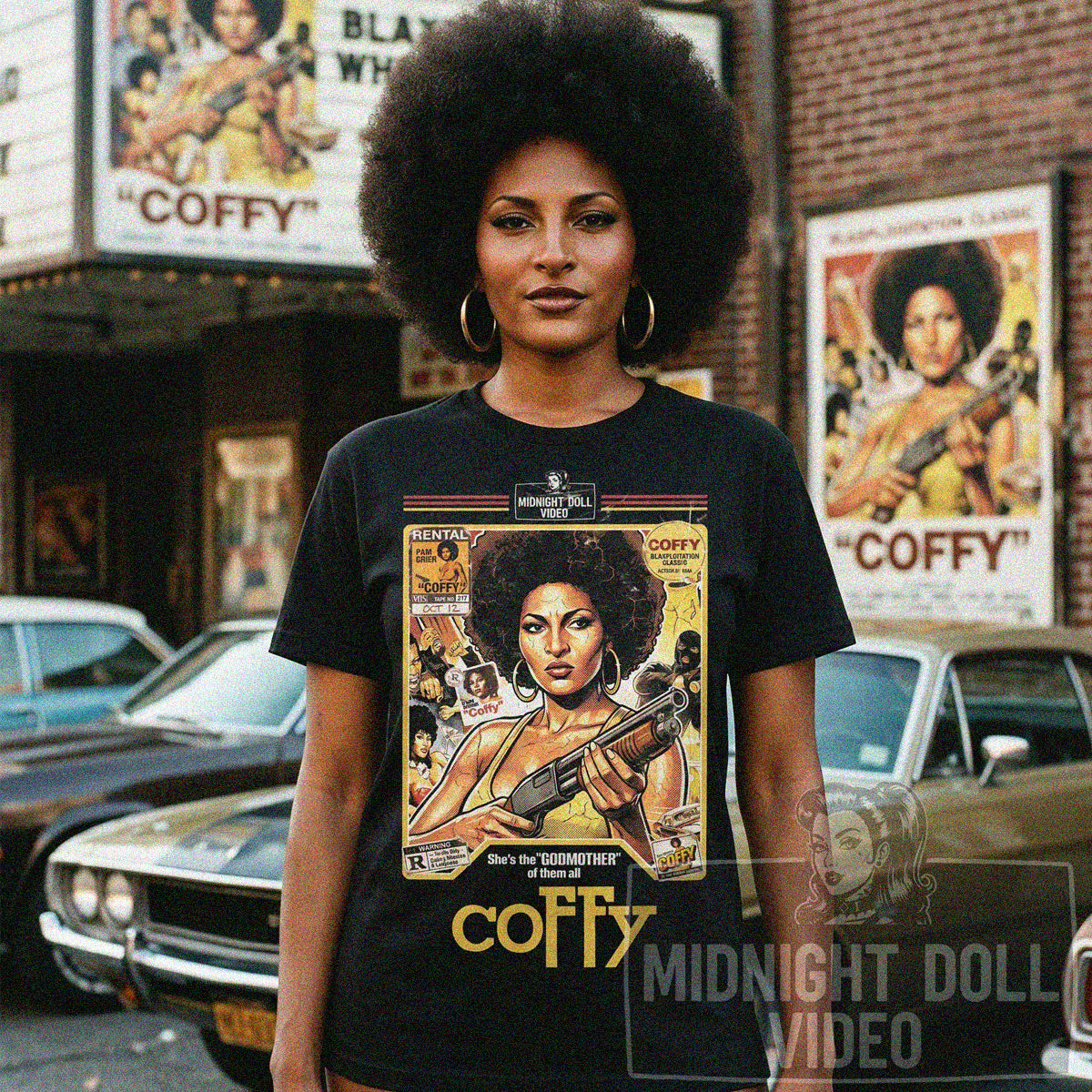COFFY (1973) - "THE BADDEST ONE-CHICK HIT-SQUAD" VHS TRIBUTE T-SHIRT