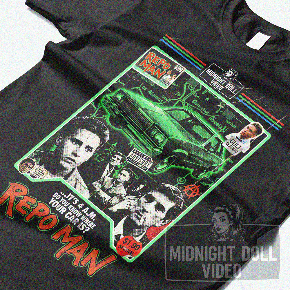 REPO MAN (1984) - "IT'S 4 A.M. DO YOU KNOW WHERE YOUR CAR IS?" VHS TRIBUTE T-SHIRT