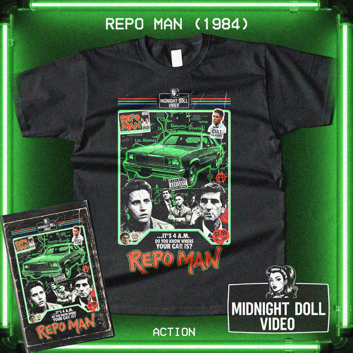 REPO MAN (1984) - "IT'S 4 A.M. DO YOU KNOW WHERE YOUR CAR IS?" VHS TRIBUTE T-SHIRT