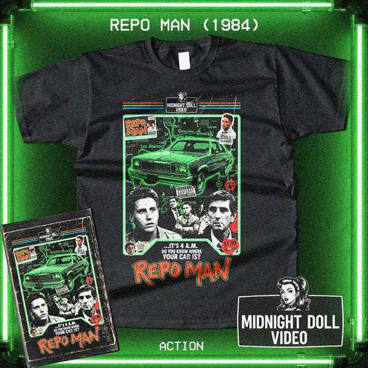 REPO MAN (1984) - "IT'S 4 A.M. DO YOU KNOW WHERE YOUR CAR IS?" VHS TRIBUTE T-SHIRT