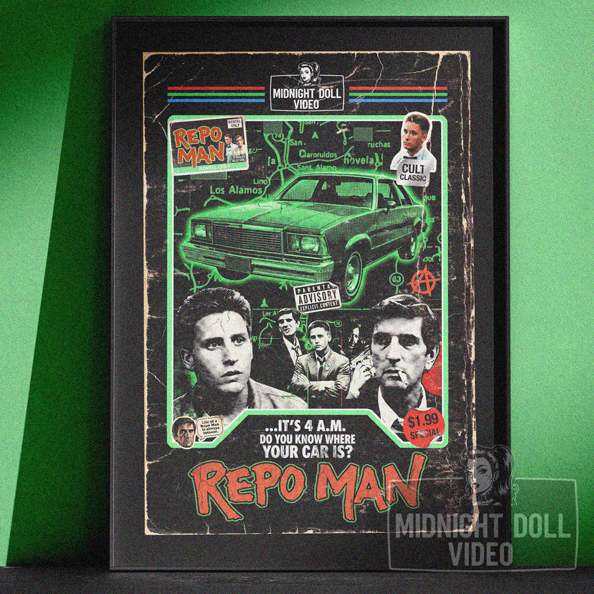 REPO MAN (1984) - "IT'S 4 A.M. DO YOU KNOW WHERE YOUR CAR IS?" VHS TRIBUTE ART PRINT