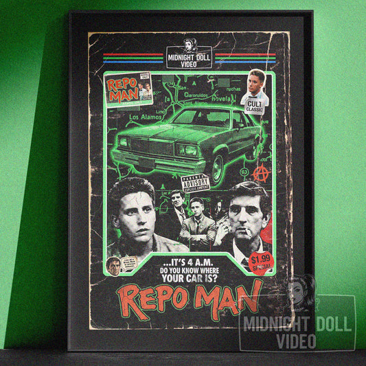 REPO MAN (1984) - "IT'S 4 A.M. DO YOU KNOW WHERE YOUR CAR IS?" VHS TRIBUTE ART PRINT