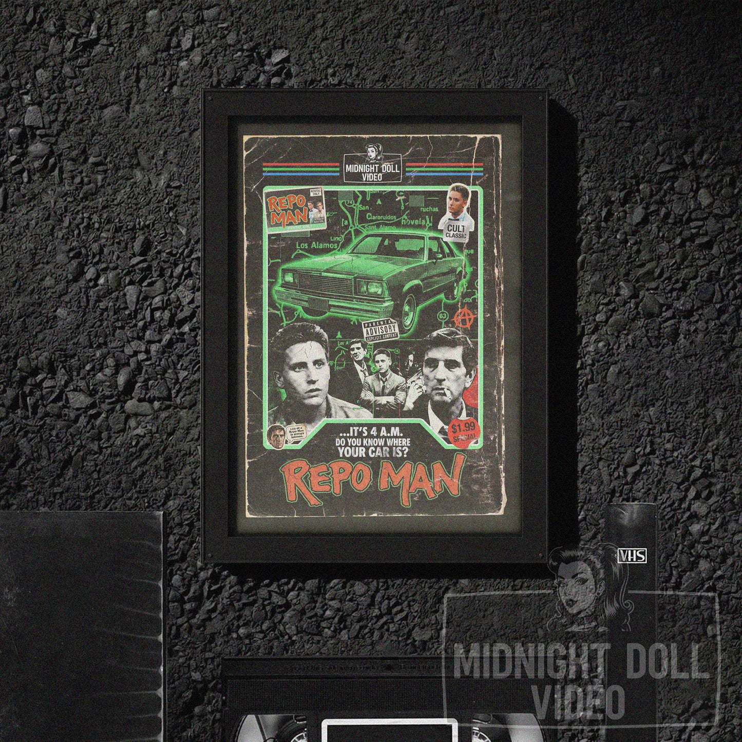 REPO MAN (1984) - "IT'S 4 A.M. DO YOU KNOW WHERE YOUR CAR IS?" VHS TRIBUTE ART PRINT