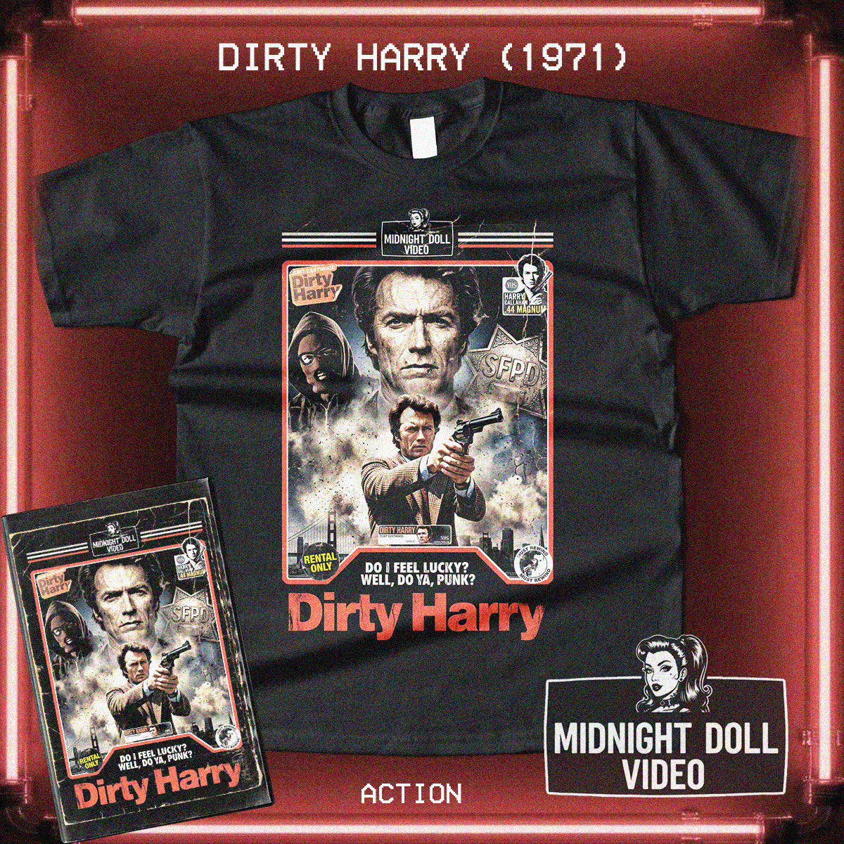 DIRTY HARRY (1971) - "DO I FEEL LUCKY?" VHS TRIBUTE T-SHIRT