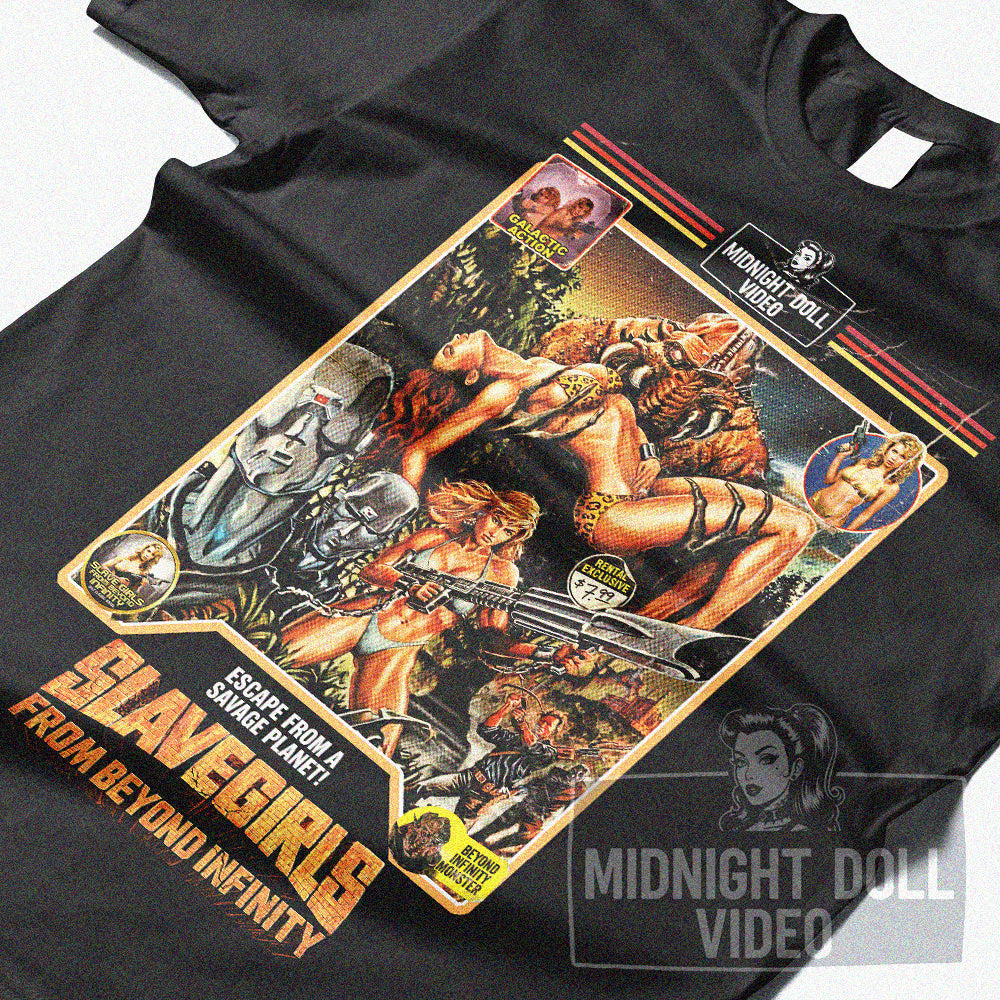 SLAVE GIRLS FROM BEYOND INFINITY (1987) - "ESCAPE FROM A SAVAGE PLANET!" VHS TRIBUTE T-SHIRT