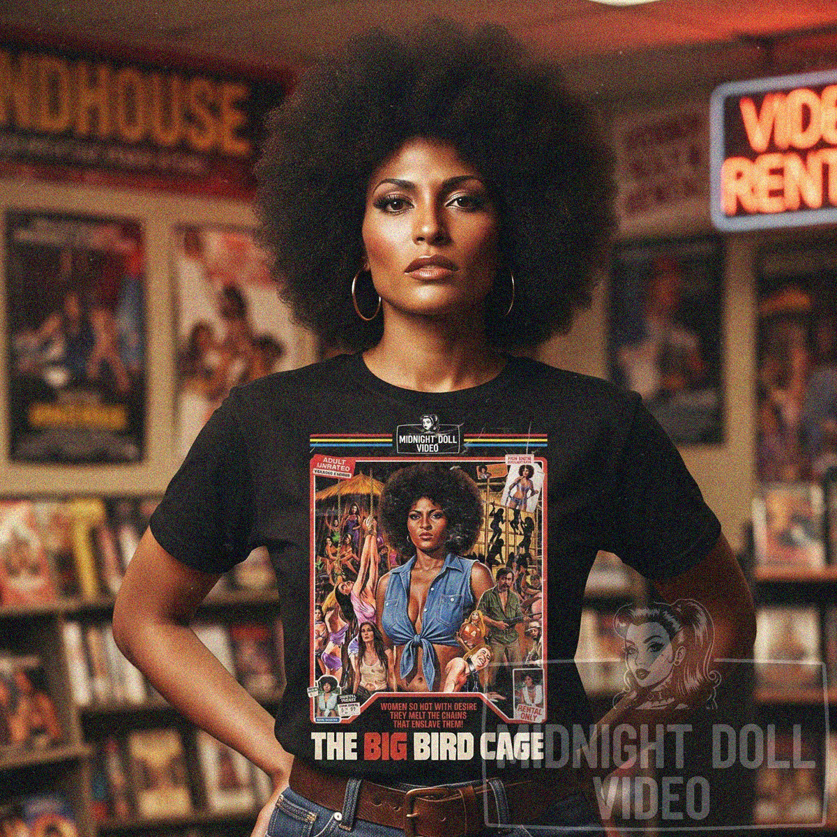 THE BIG BIRD CAGE (1972) - "WOMEN SO HOT WITH DESIRE" VHS TRIBUTE T-SHIRT