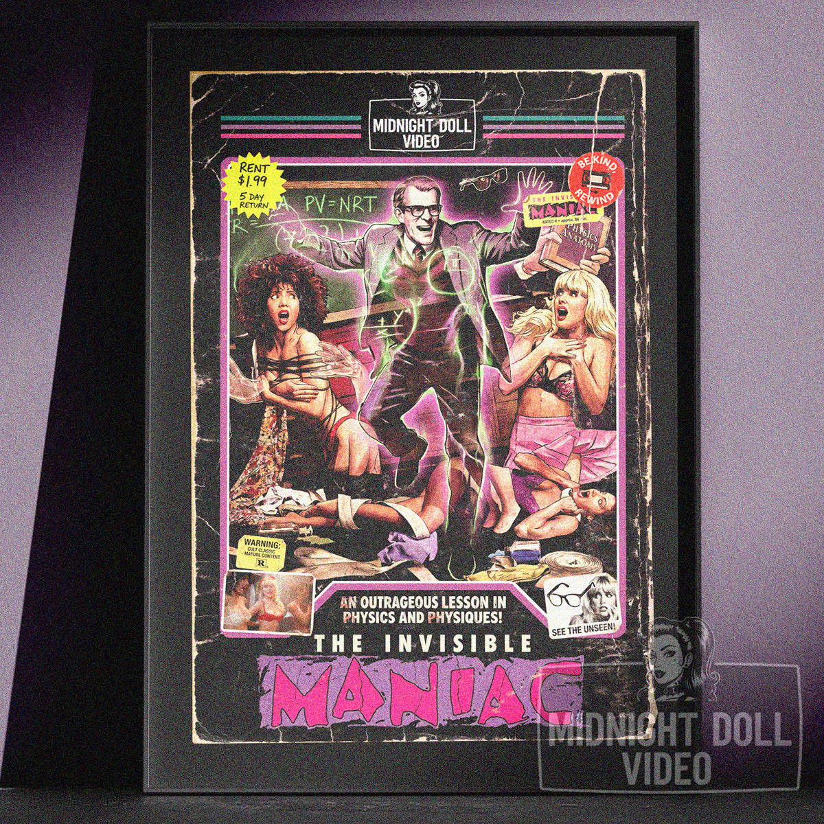 THE INVISIBLE MANIAC (1990) - "AN OUTRAGEOUS LESSON IN PHYSICS AND PHYSIQUES!" VHS TRIBUTE ART PRINT