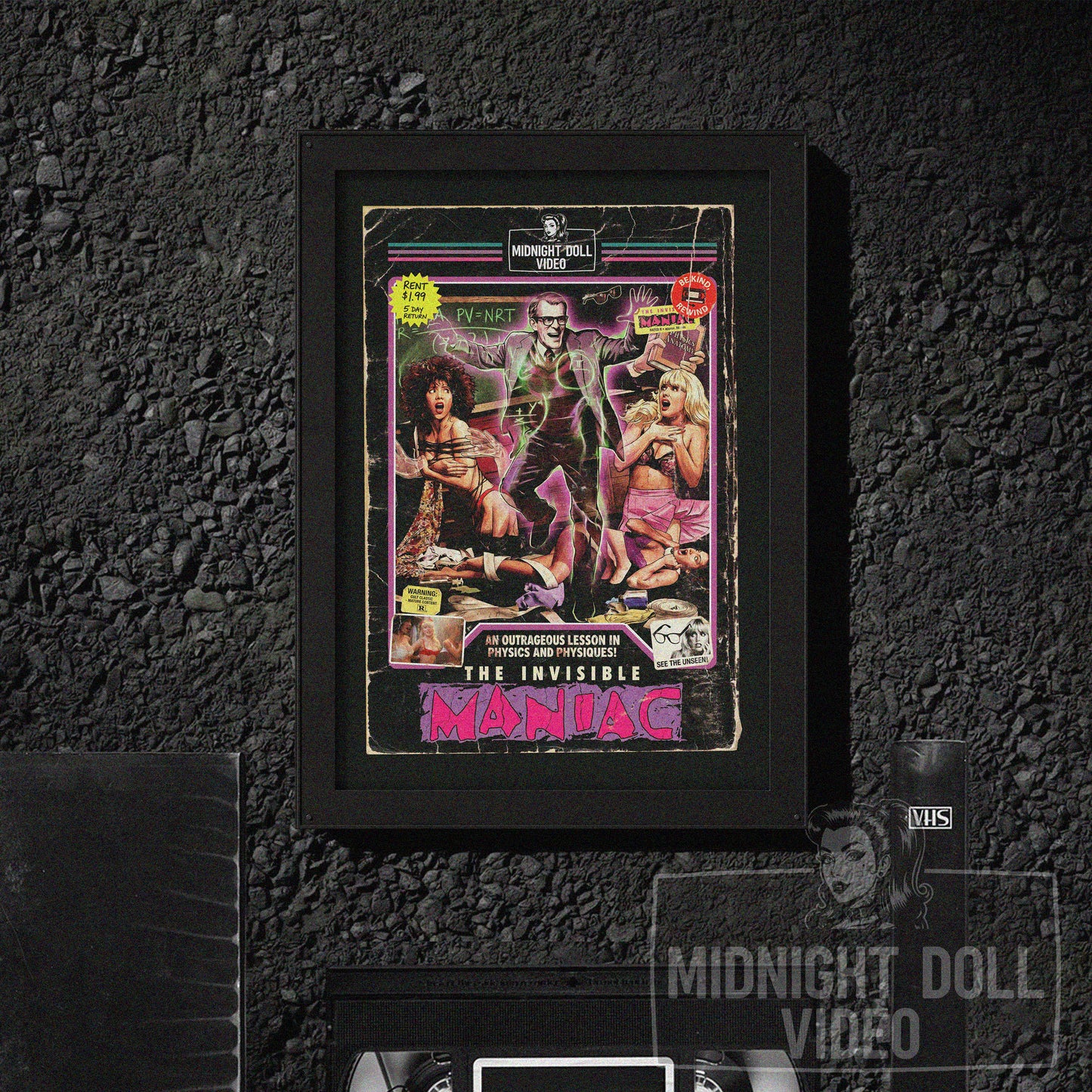 THE INVISIBLE MANIAC (1990) - "AN OUTRAGEOUS LESSON IN PHYSICS AND PHYSIQUES!" VHS TRIBUTE ART PRINT