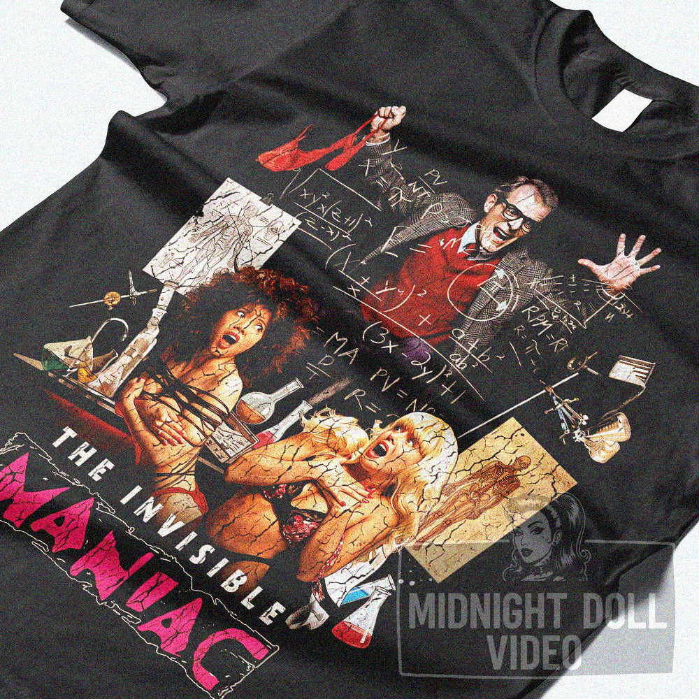 THE INVISIBLE MANIAC (1990) - "AN OUTRAGEOUS LESSON IN PHYSICS AND PHYSIQUES!" VINTAGE SHIRT