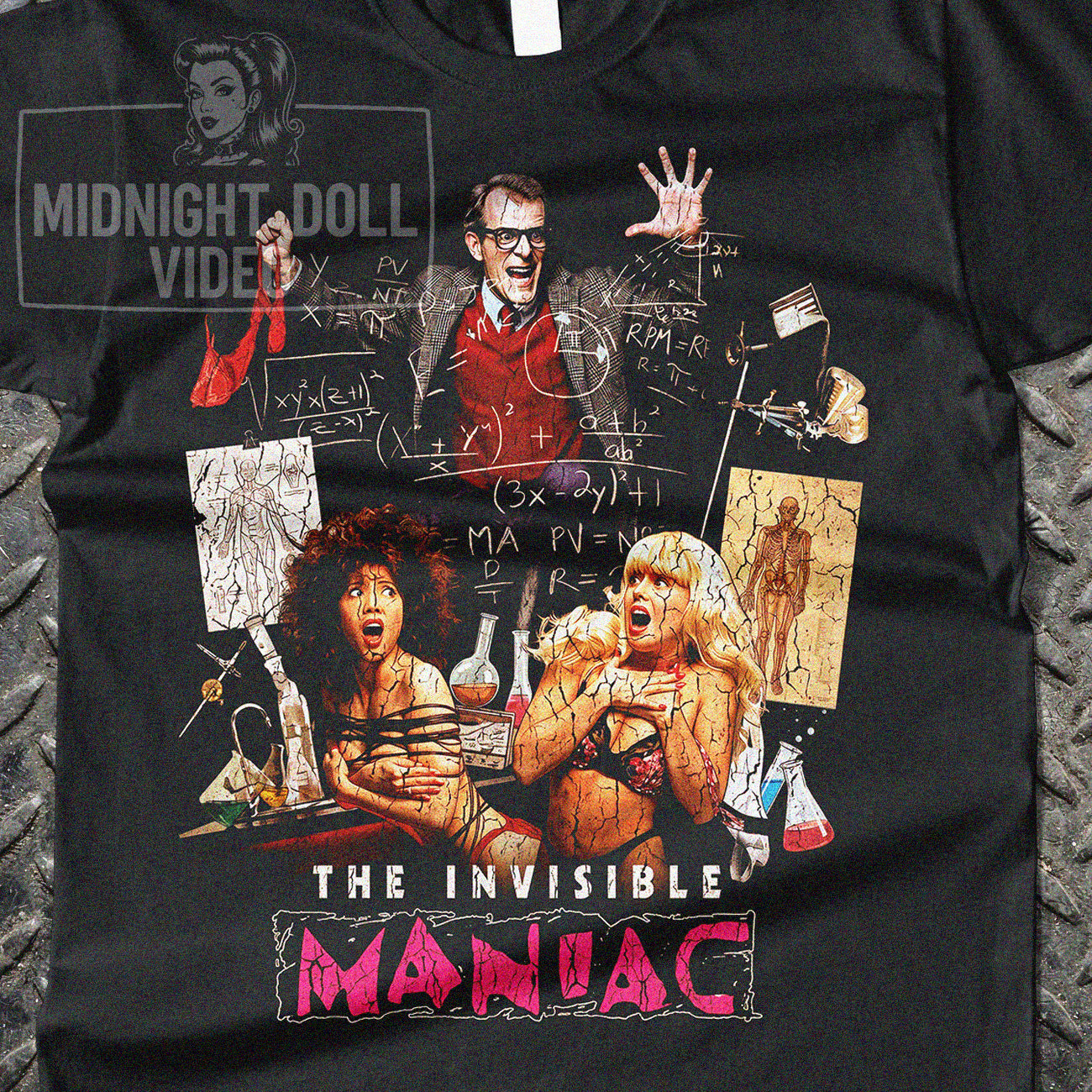 THE INVISIBLE MANIAC (1990) - "AN OUTRAGEOUS LESSON IN PHYSICS AND PHYSIQUES!" VINTAGE SHIRT