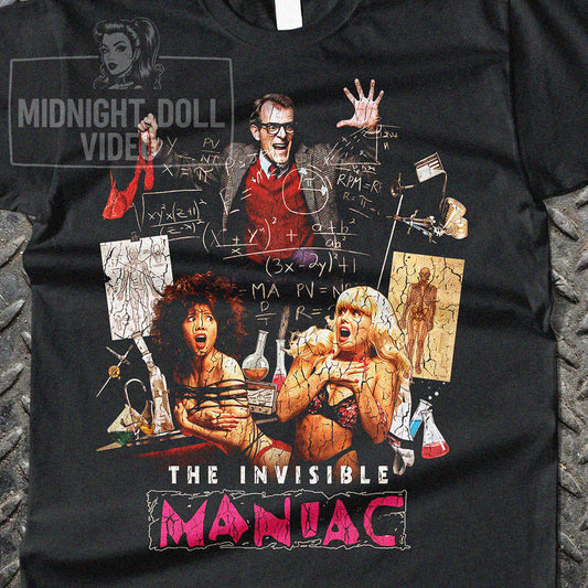 THE INVISIBLE MANIAC (1990) - "AN OUTRAGEOUS LESSON IN PHYSICS AND PHYSIQUES!" VINTAGE SHIRT