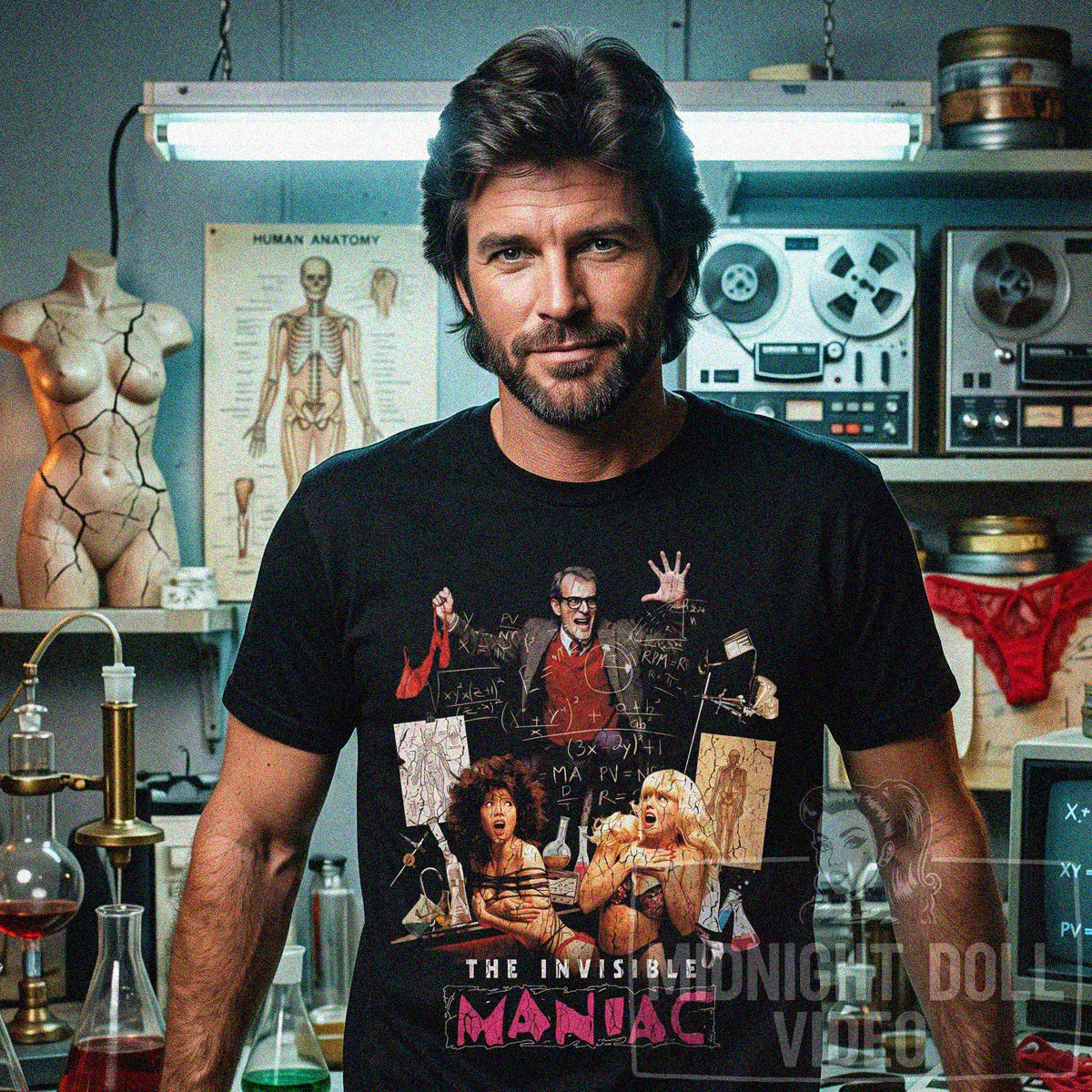 THE INVISIBLE MANIAC (1990) - "AN OUTRAGEOUS LESSON IN PHYSICS AND PHYSIQUES!" VINTAGE SHIRT