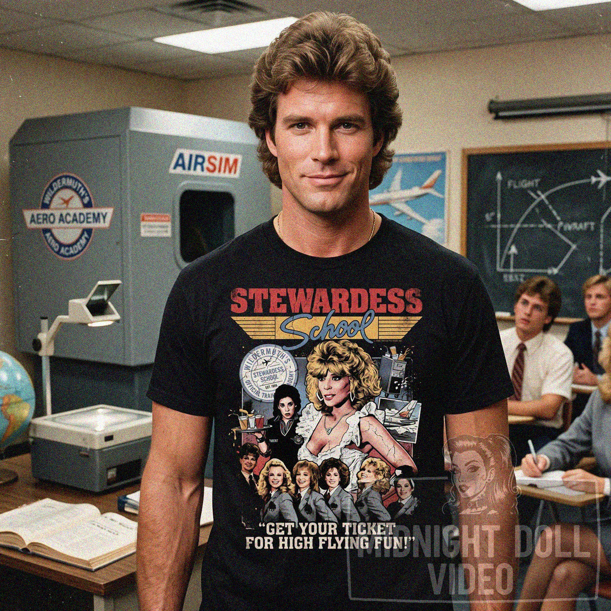 STEWARDESS SCHOOL (1986) - "GET YOUR TICKET FOR HIGH FLYING FUN!" VINTAGE SHIRT