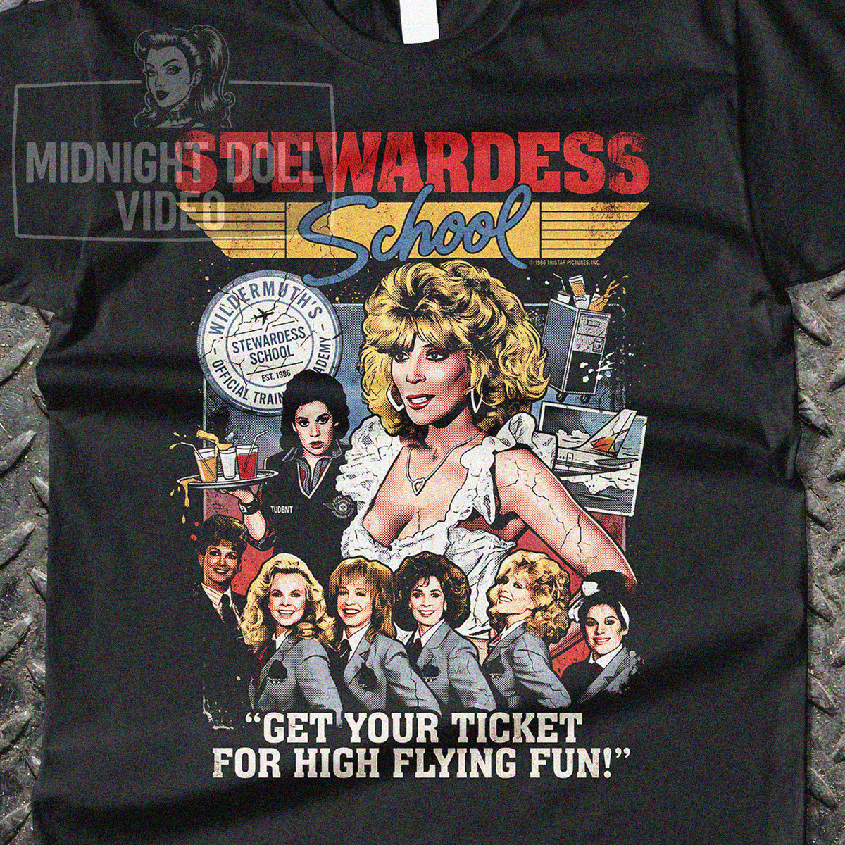 STEWARDESS SCHOOL (1986) - "GET YOUR TICKET FOR HIGH FLYING FUN!" VINTAGE SHIRT