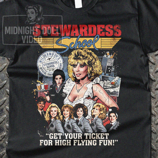STEWARDESS SCHOOL (1986) - "GET YOUR TICKET FOR HIGH FLYING FUN!" VINTAGE SHIRT