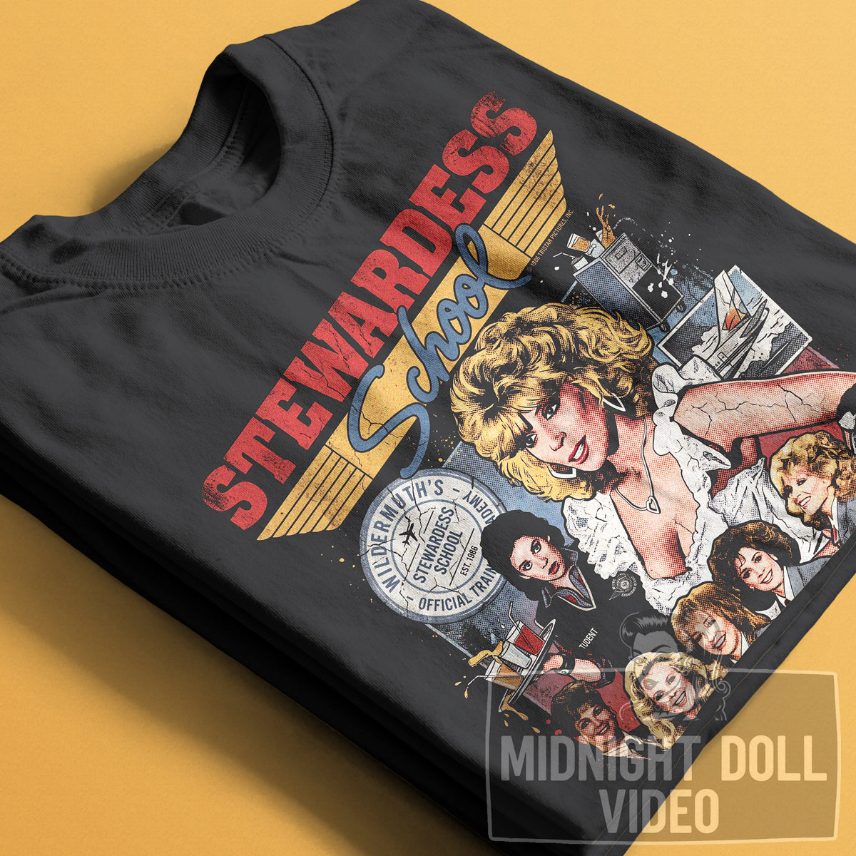 STEWARDESS SCHOOL (1986) - "GET YOUR TICKET FOR HIGH FLYING FUN!" VINTAGE SHIRT