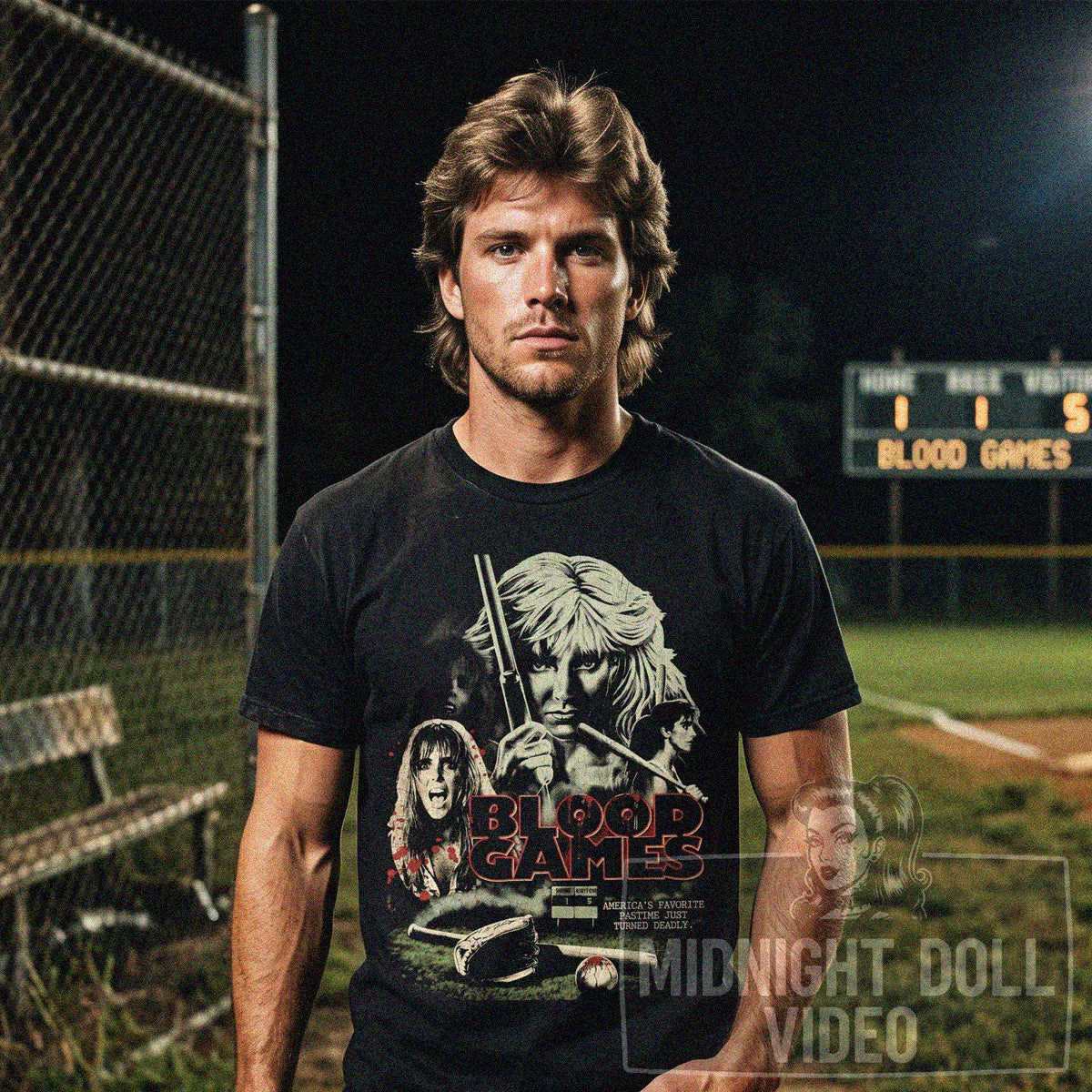 BLOOD GAMES (1990) - "America's favorite pastime just turned deadly." Vintage Slasher Shirt