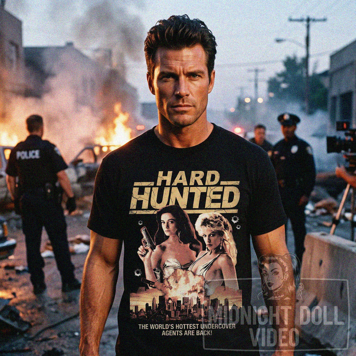 HARD HUNTED (1992) - "The world's hottest undercover agents are back!" Vintage Action Shirt